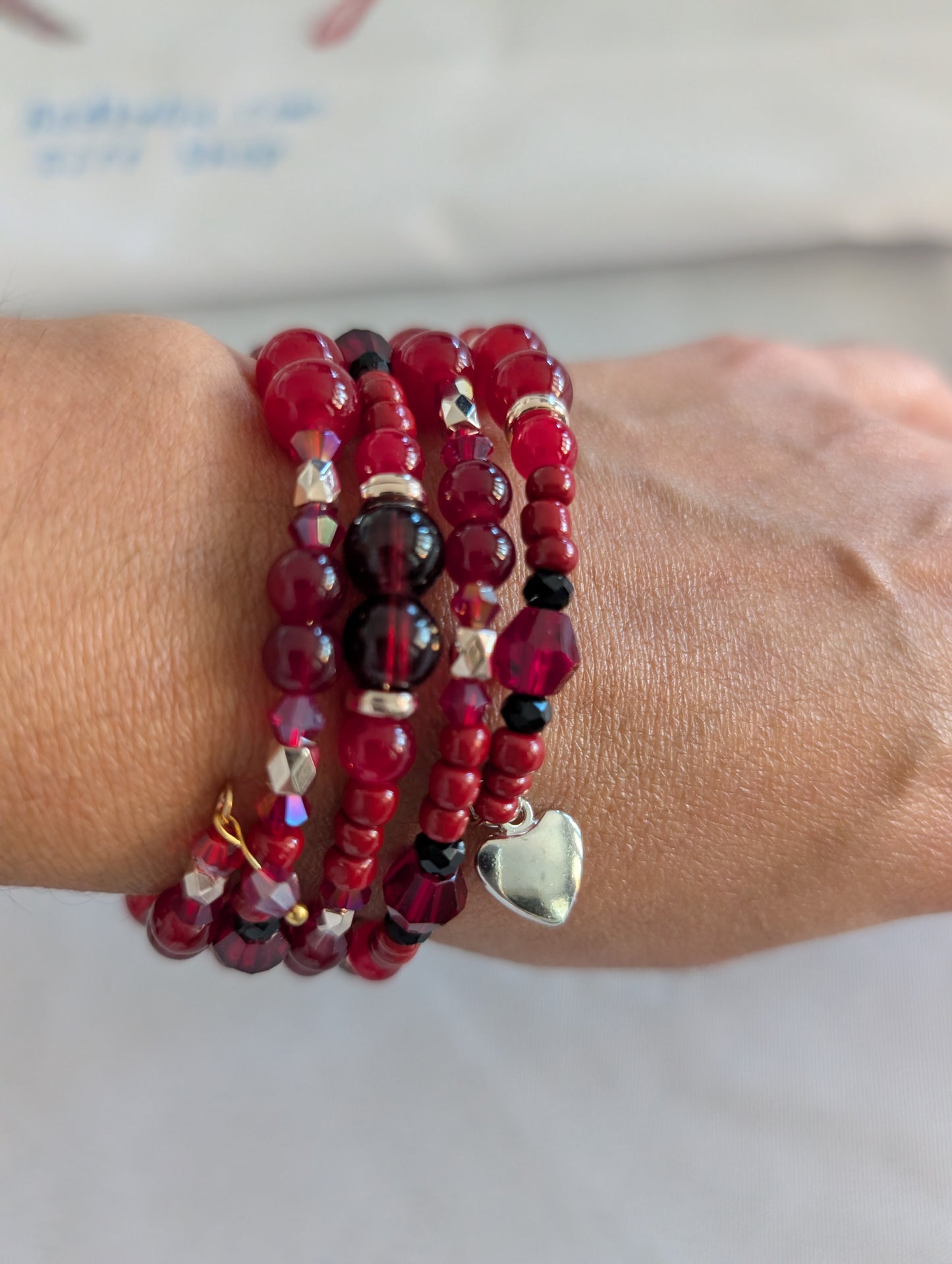 Bracelet - 4 coil Red memory wire bracelet with silver heart charm