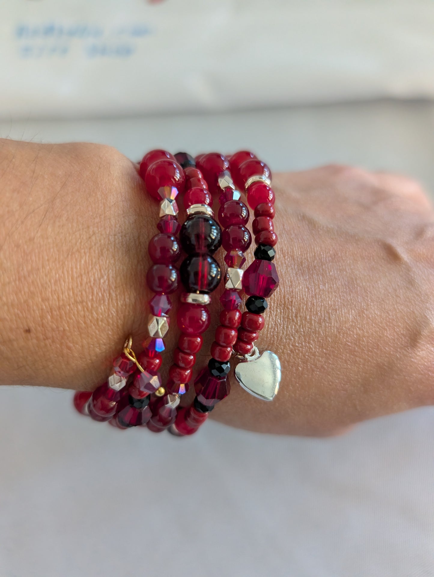 Bracelet - 4 coil Red memory wire bracelet with silver heart charm