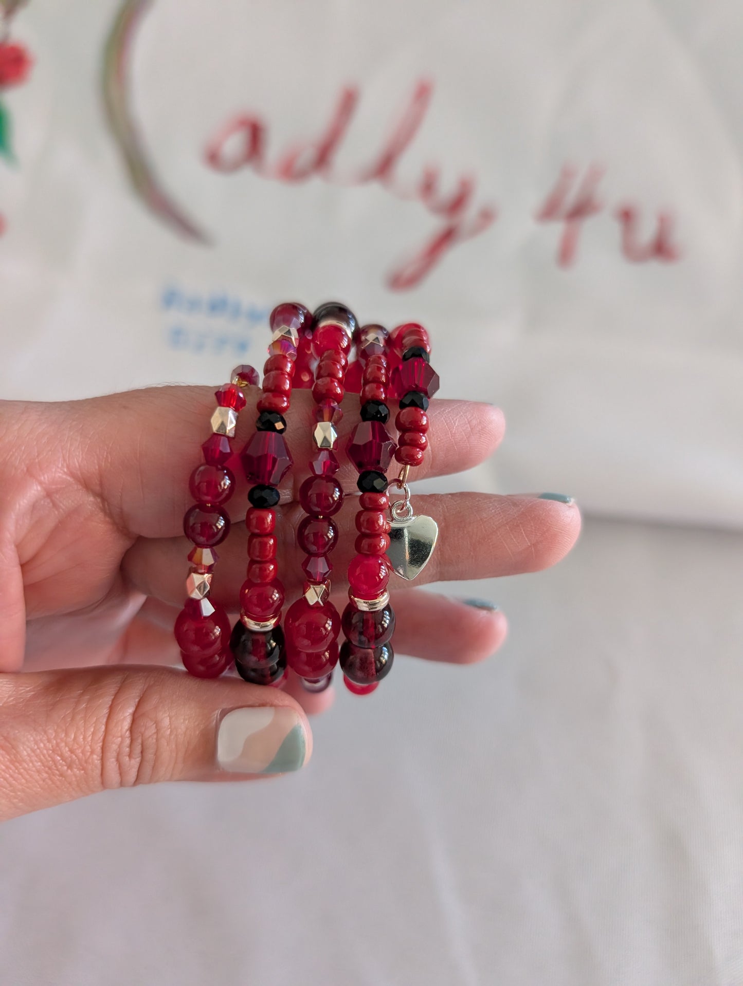 Bracelet - 4 coil Red memory wire bracelet with silver heart charm