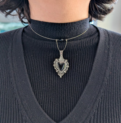 Necklace - Memory wire choker black stainless steel heart pendant