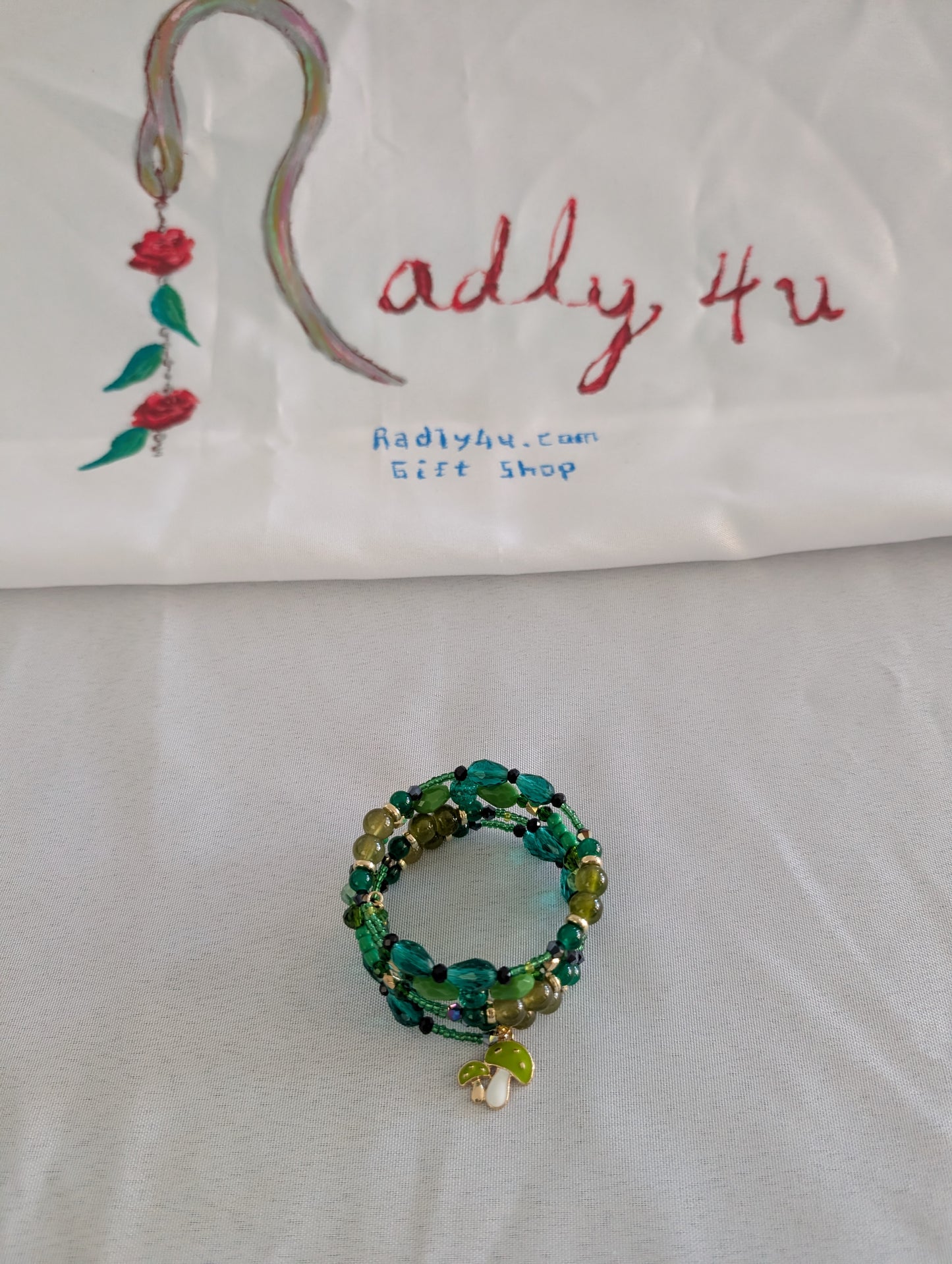 Bracelet - 4 coil Boho Green Wrap Bracelet with mushroom charm