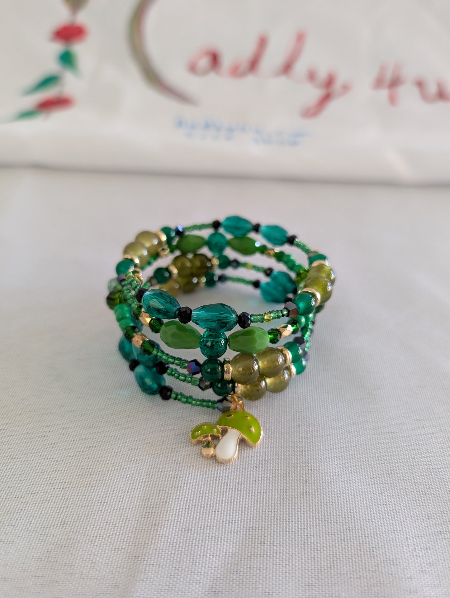 Bracelet - 4 coil Boho Green Wrap Bracelet with mushroom charm