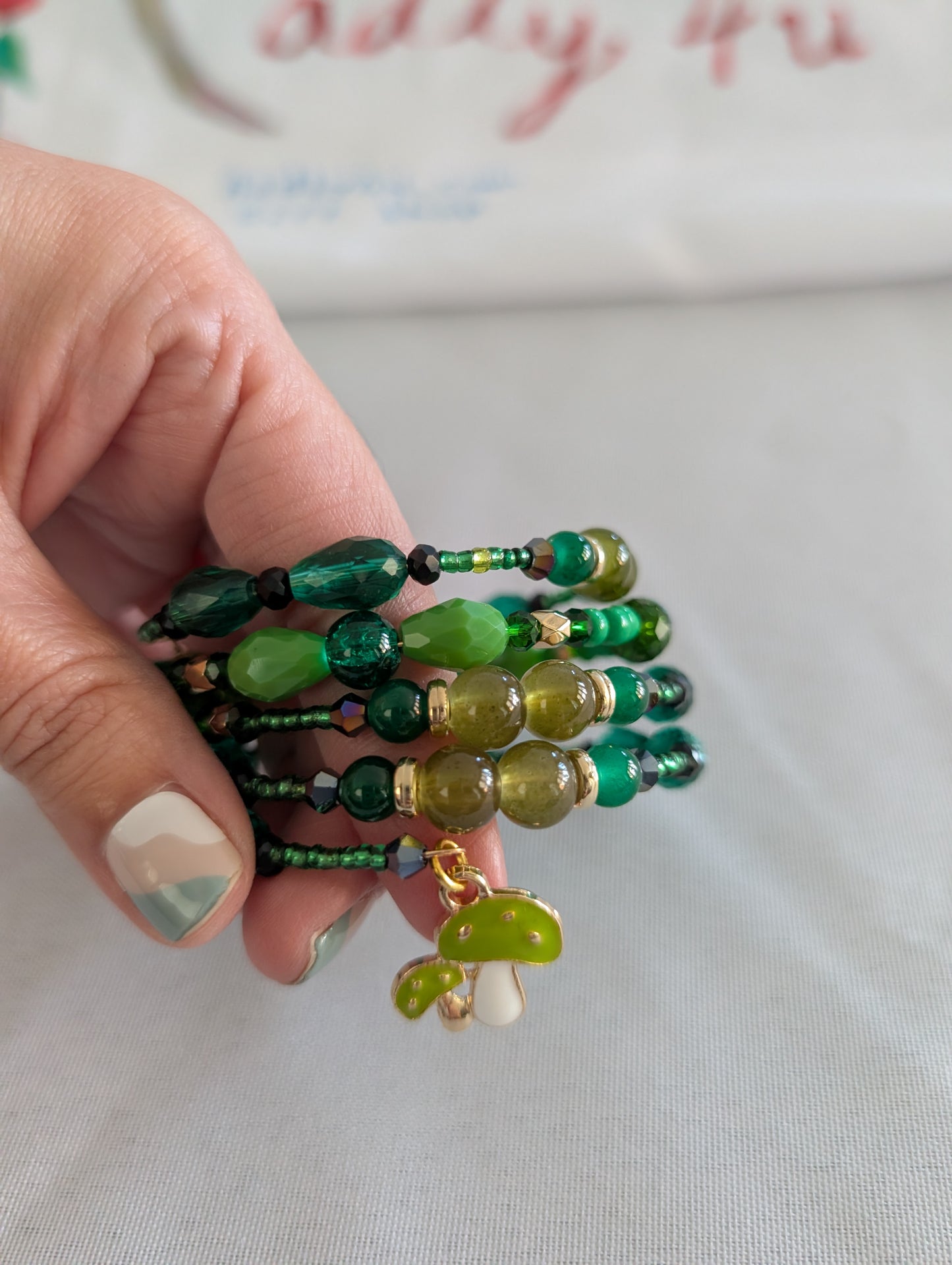 4 coil Boho Green Wrap Bracelet with mushroom charm