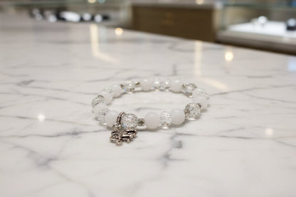 Bracelet - Elastic white & clear beads with elephant charm