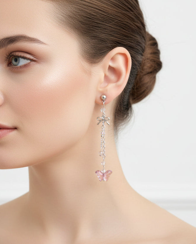 Earrings - Butterfly with silver chain on silver ball post stud