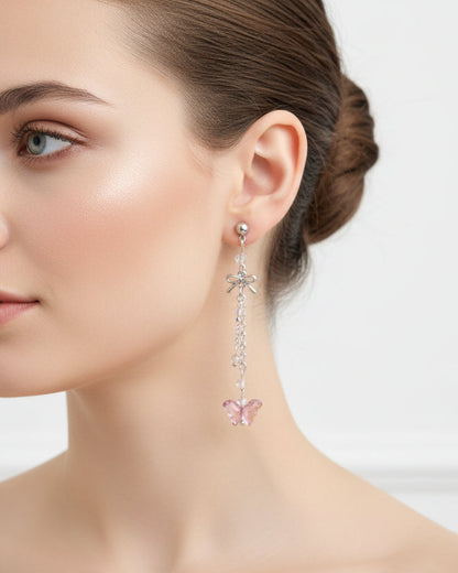 Earrings - Butterfly with silver chain on silver ball post stud