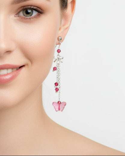 Earrings - Butterfly with silver chain on silver ball post stud