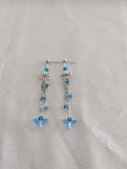 Earrings - Butterfly with silver chain on silver ball post stud