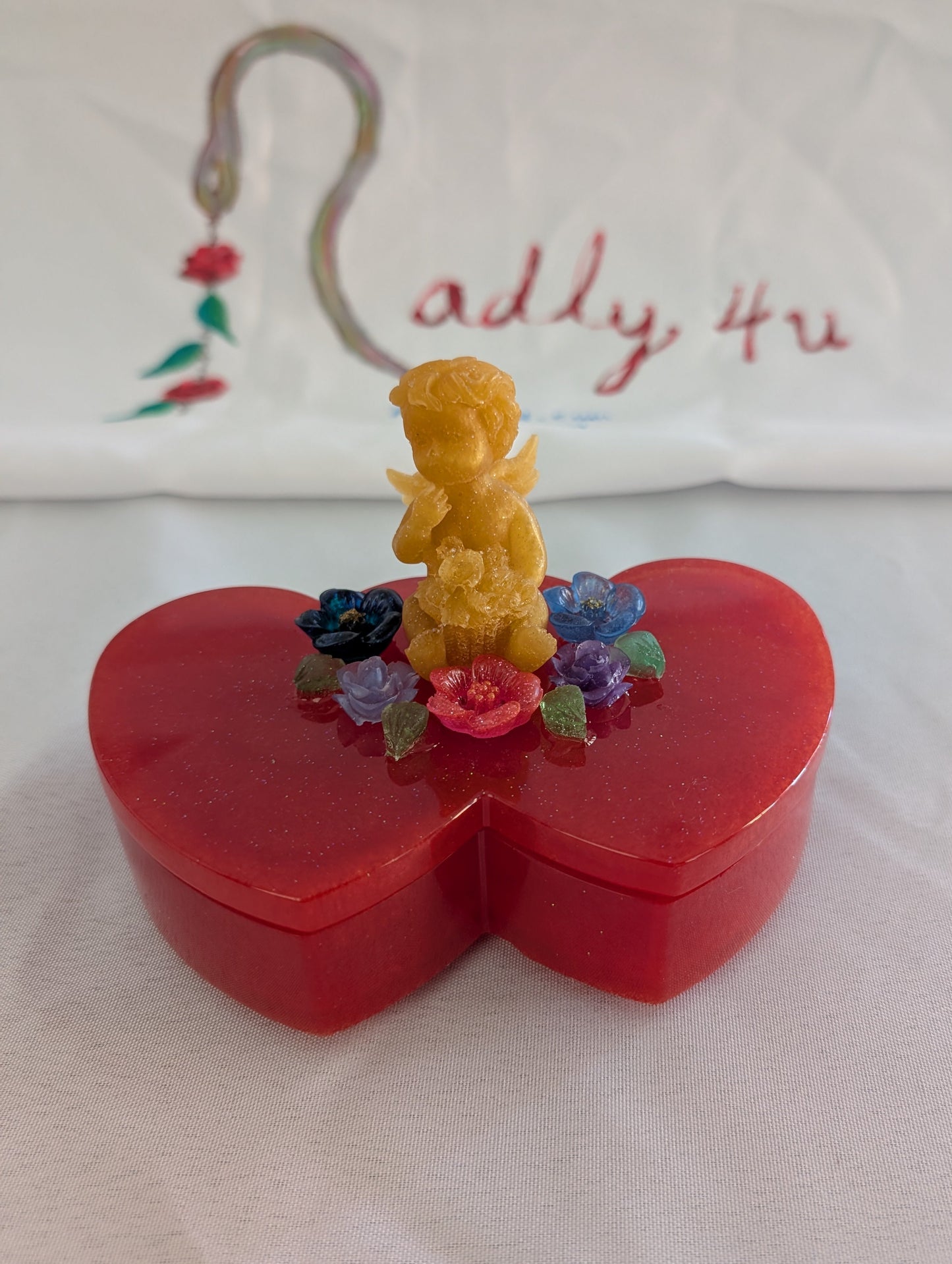 Handcrafted Double Heart Trinket Box – Golden Angel & Floral Garden Lid