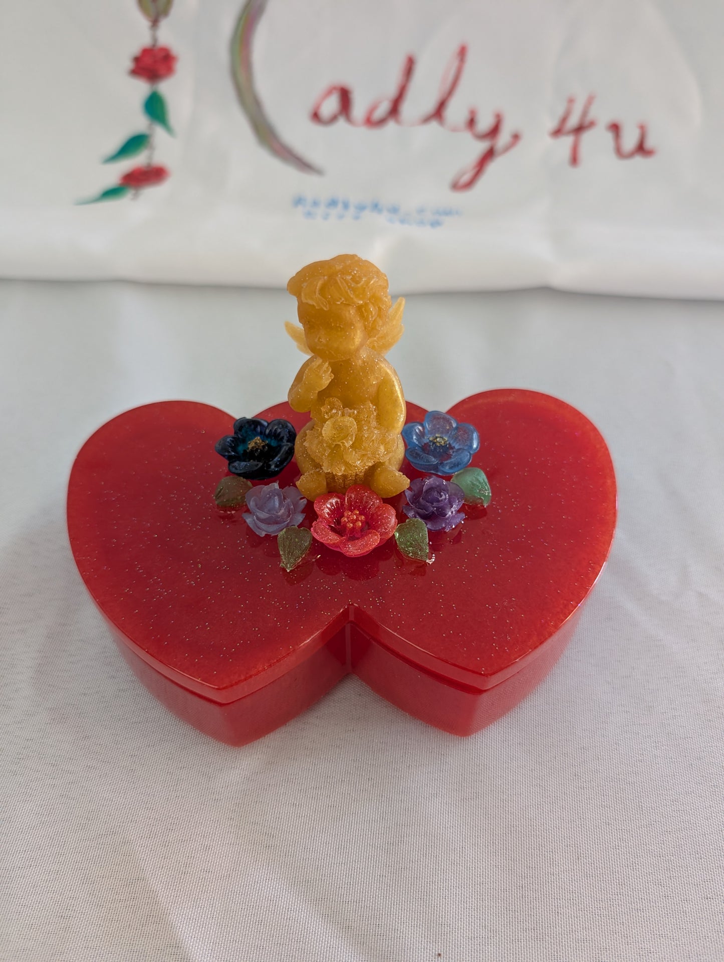 Handcrafted Double Heart Trinket Box – Golden Angel & Floral Garden Lid