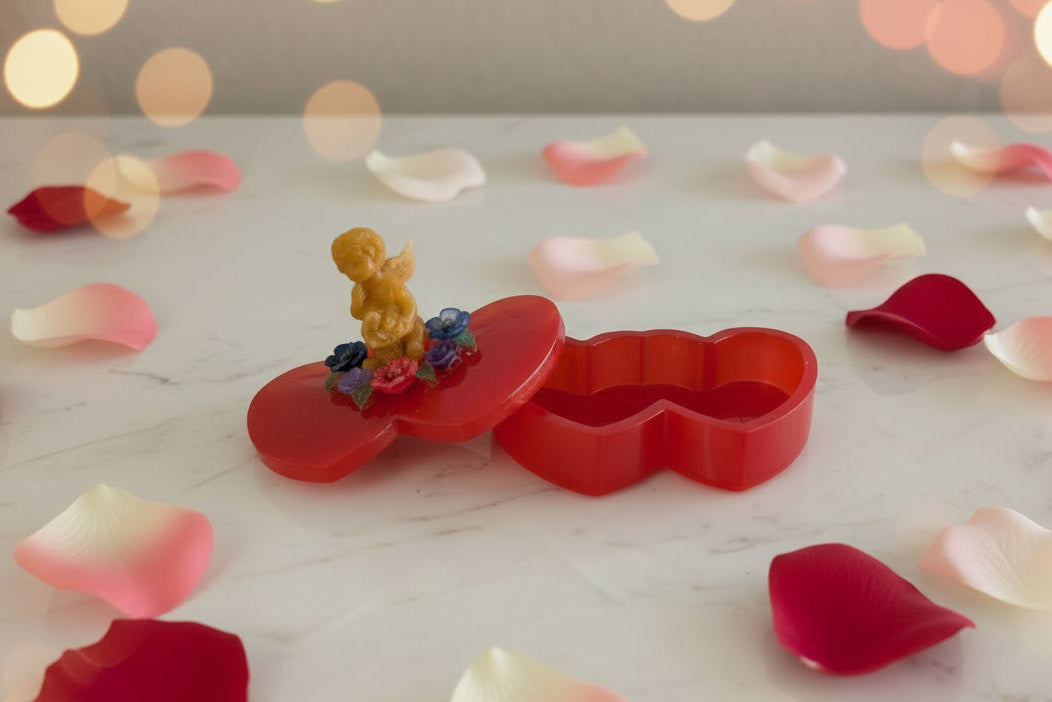Handcrafted Double Heart Trinket Box – Golden Angel & Floral Garden Lid
