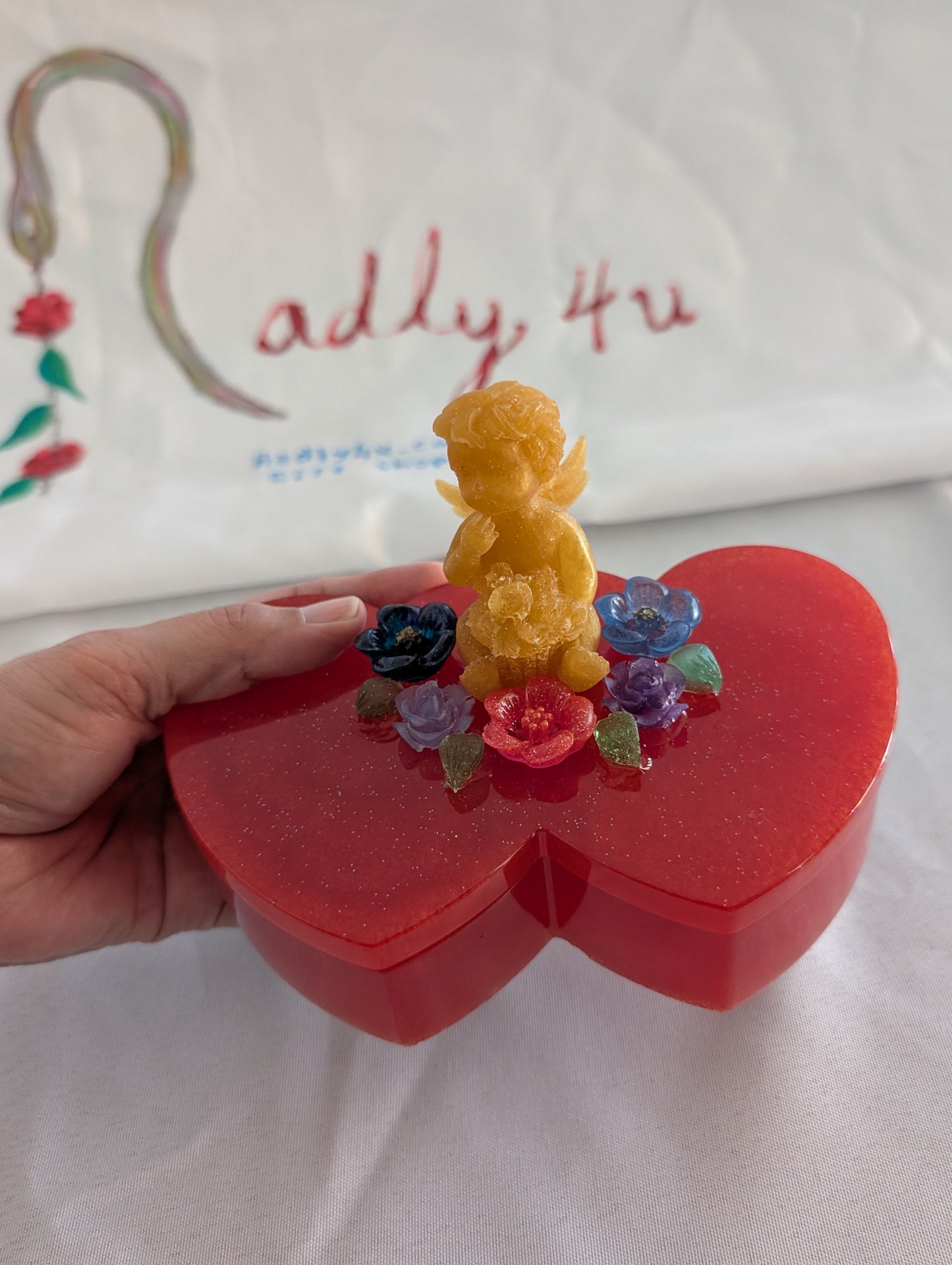Handcrafted Double Heart Trinket Box – Golden Angel & Floral Garden Lid
