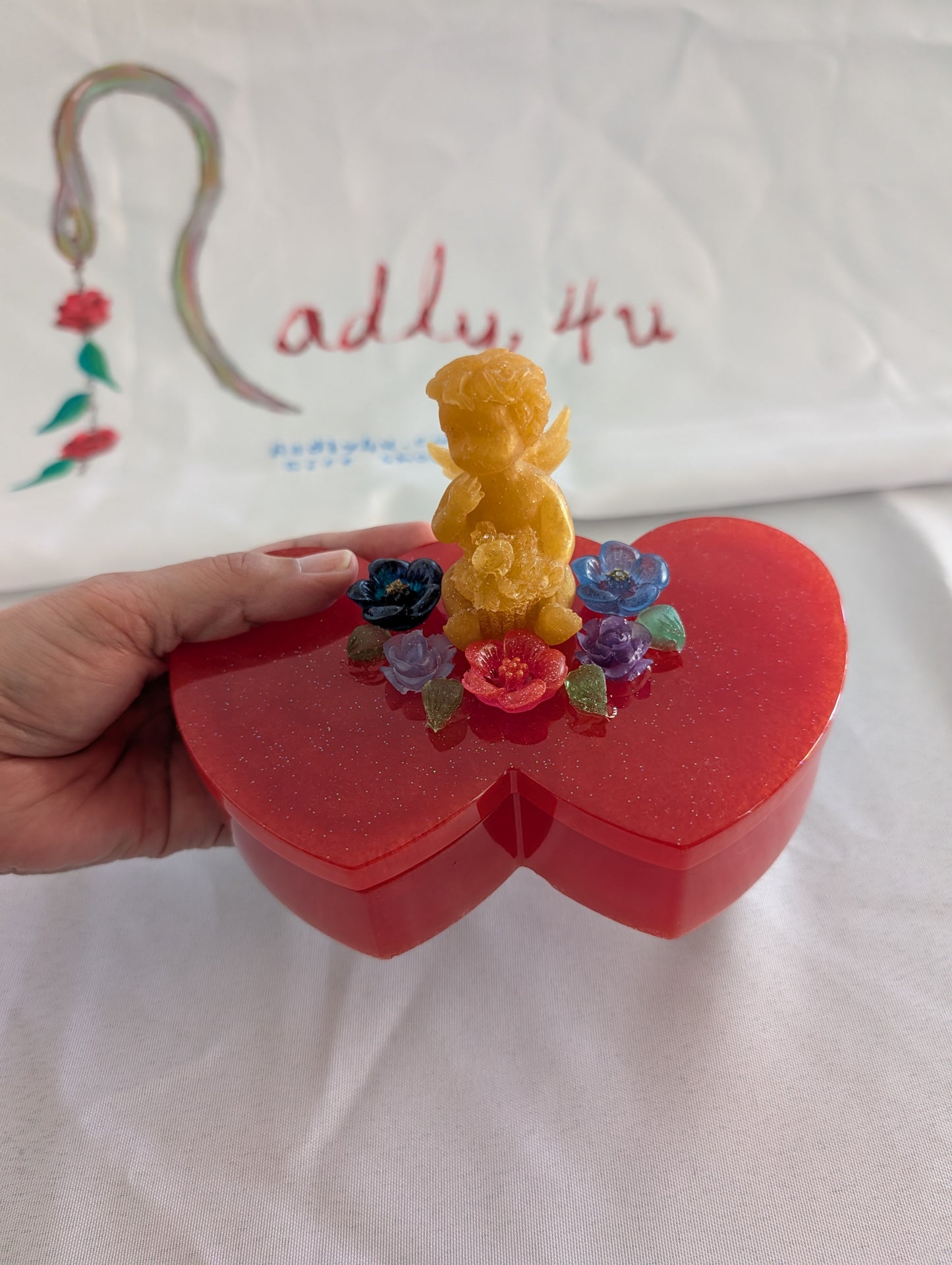 Handcrafted Double Heart Trinket Box – Golden Angel & Floral Garden Lid