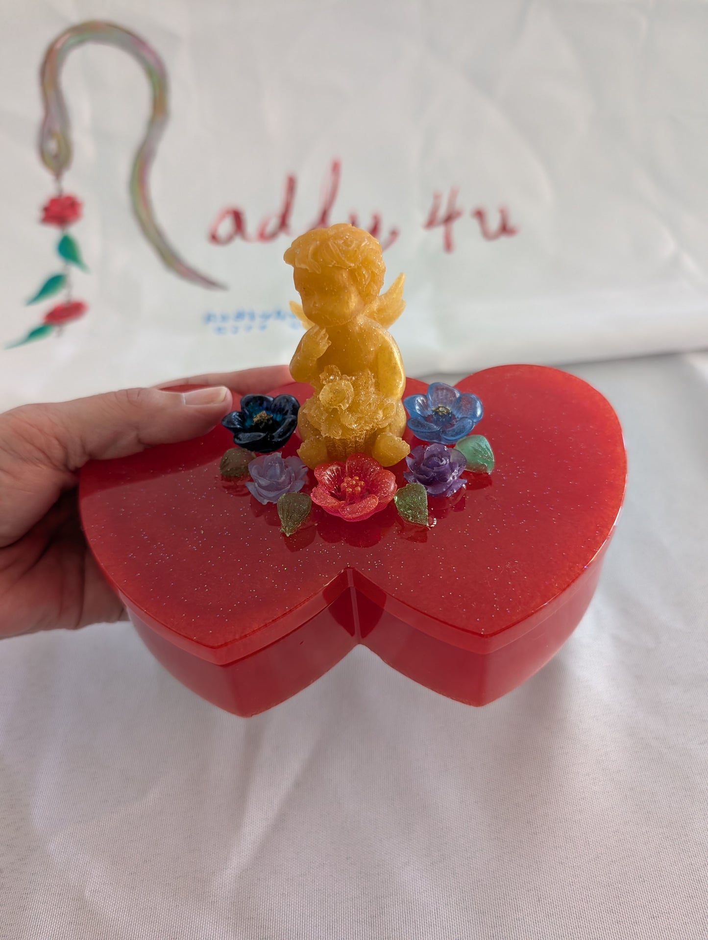 Handcrafted Double Heart Trinket Box – Golden Angel & Floral Garden Lid