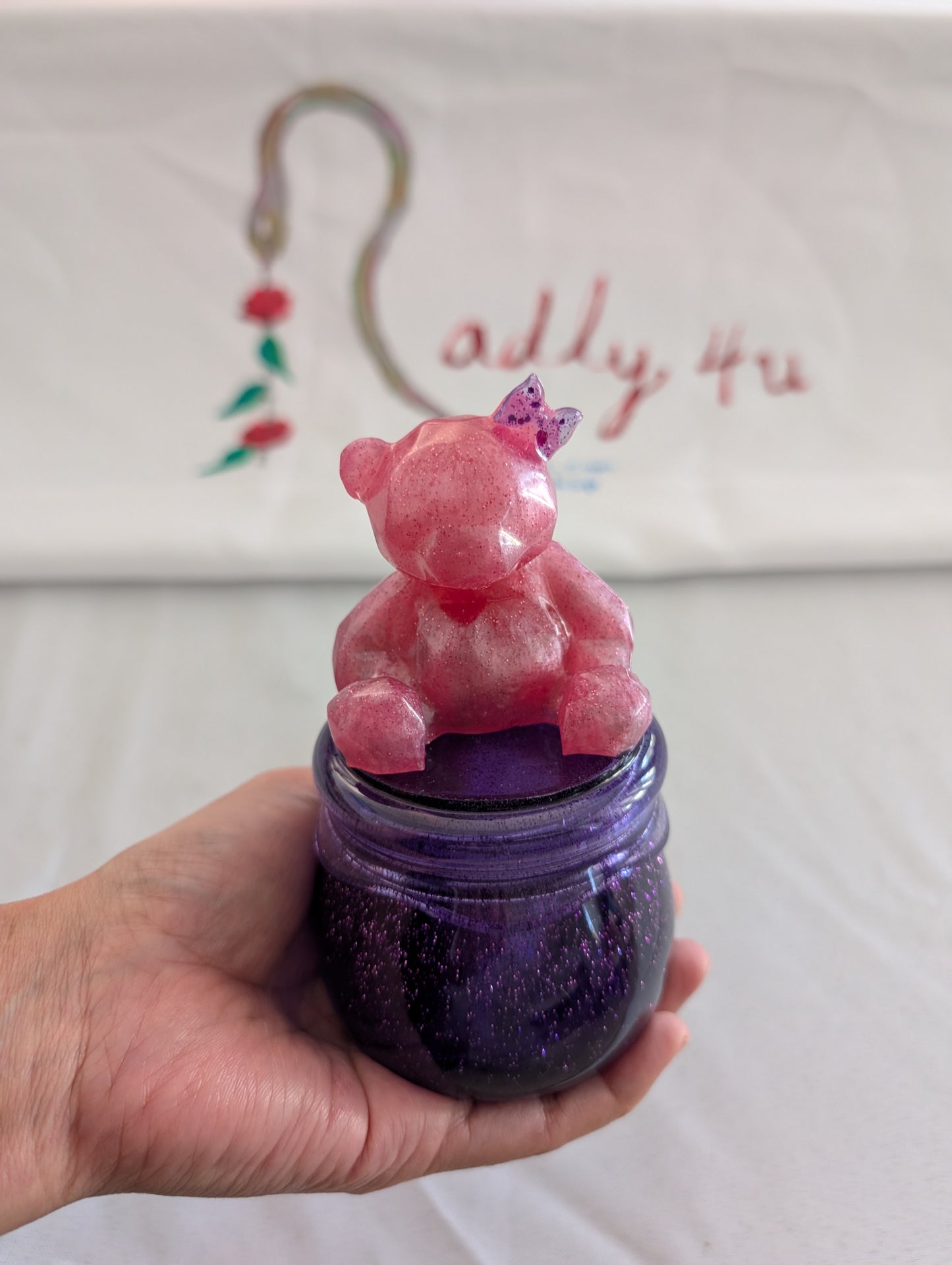"Handmade Resin Honey Jar with Bear Lid - Unique Home Decor & Storage"