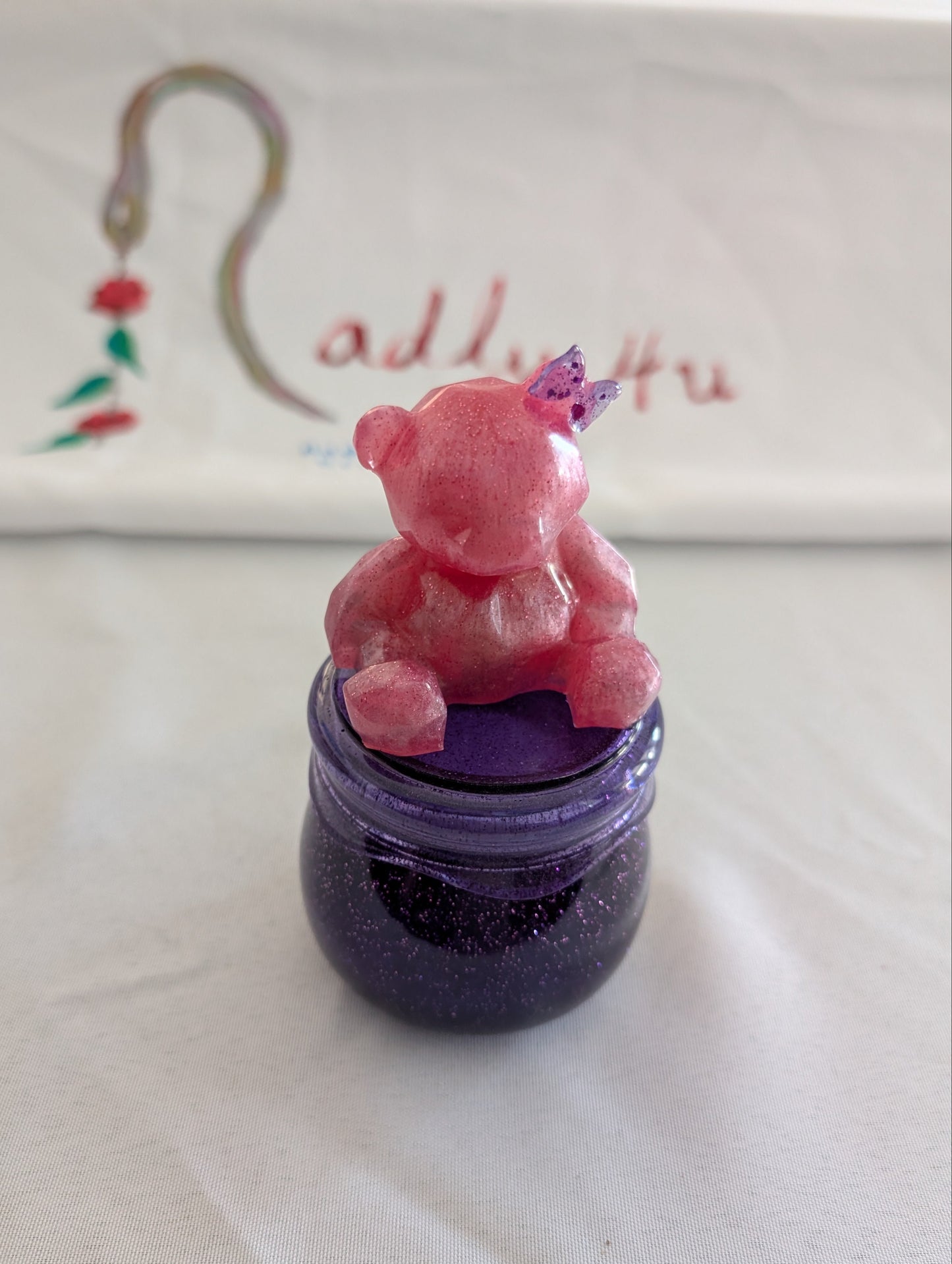 "Handmade Resin Honey Jar with Bear Lid - Unique Home Decor & Storage"