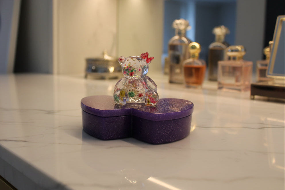 Resin Heart Jewelry Box - Double Heart Dish with Faceted Bear Topper