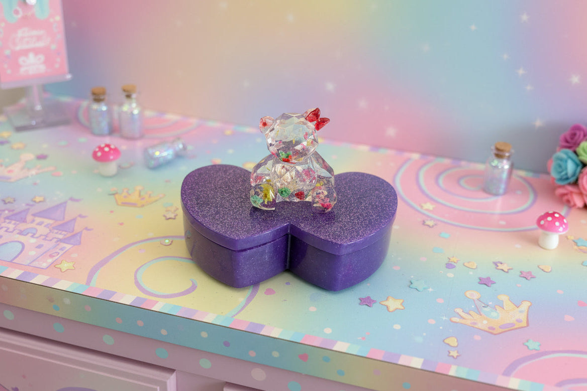 Resin Heart Jewelry Box - Double Heart Dish with Faceted Bear Topper