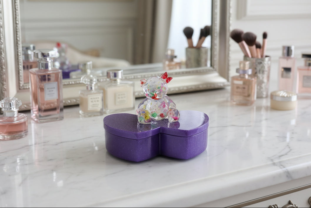 Resin Heart Jewelry Box - Double Heart Dish with Faceted Bear Topper