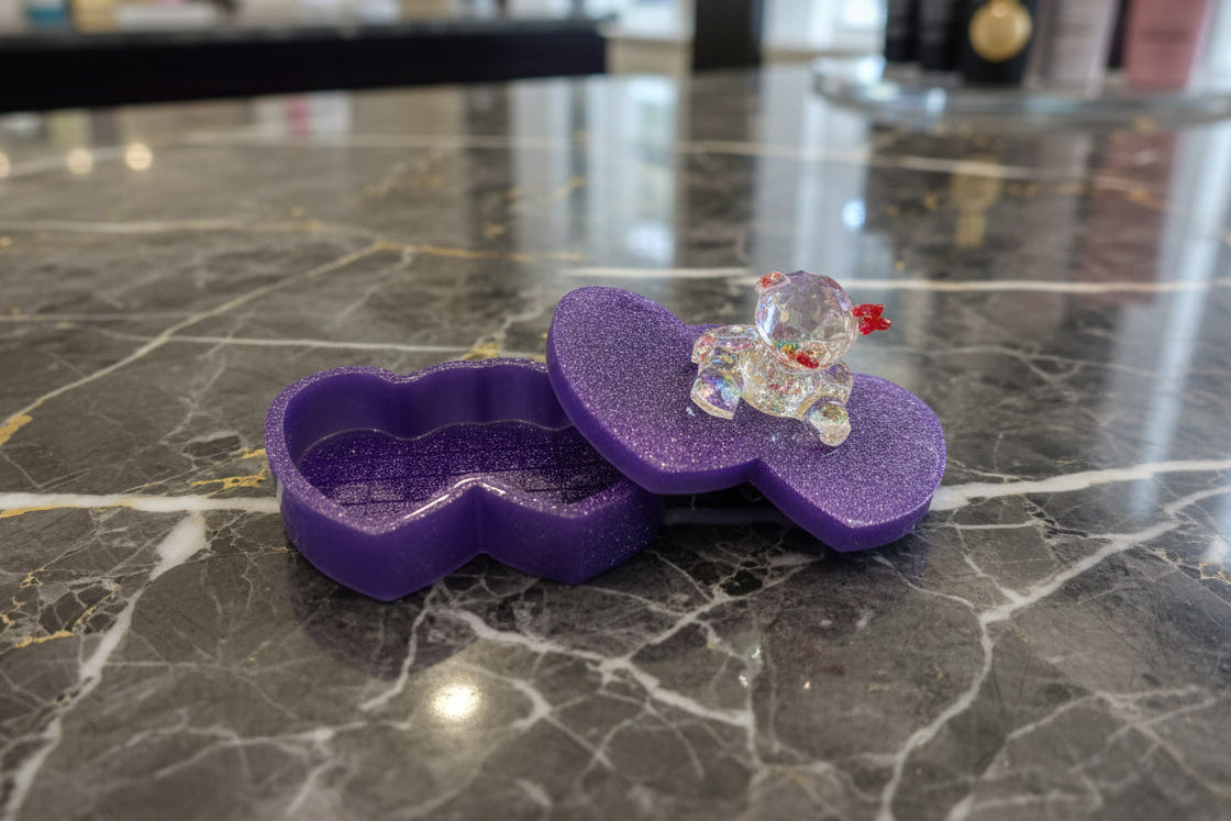 Resin Heart Jewelry Box - Double Heart Dish with Faceted Bear Topper