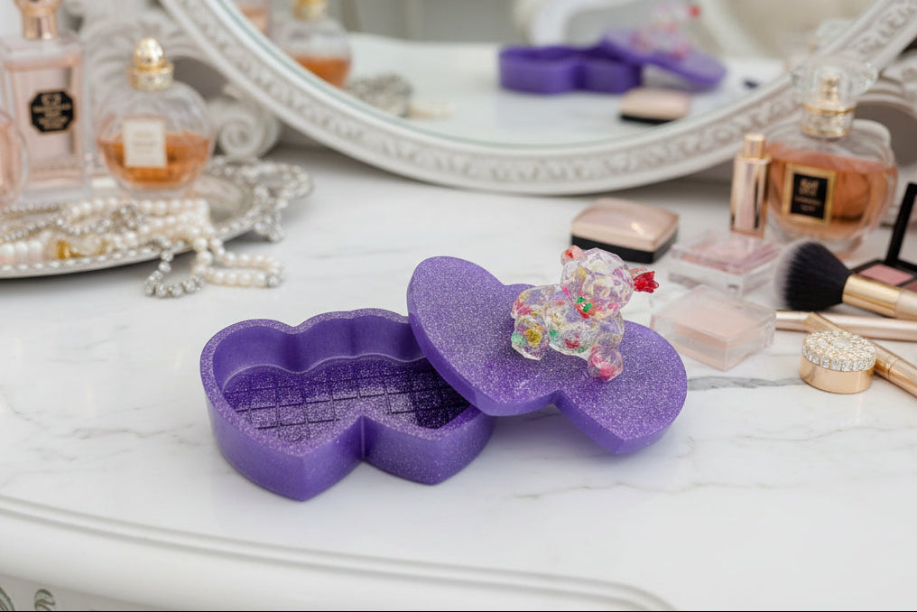 Resin Heart Jewelry Box - Double Heart Dish with Faceted Bear Topper