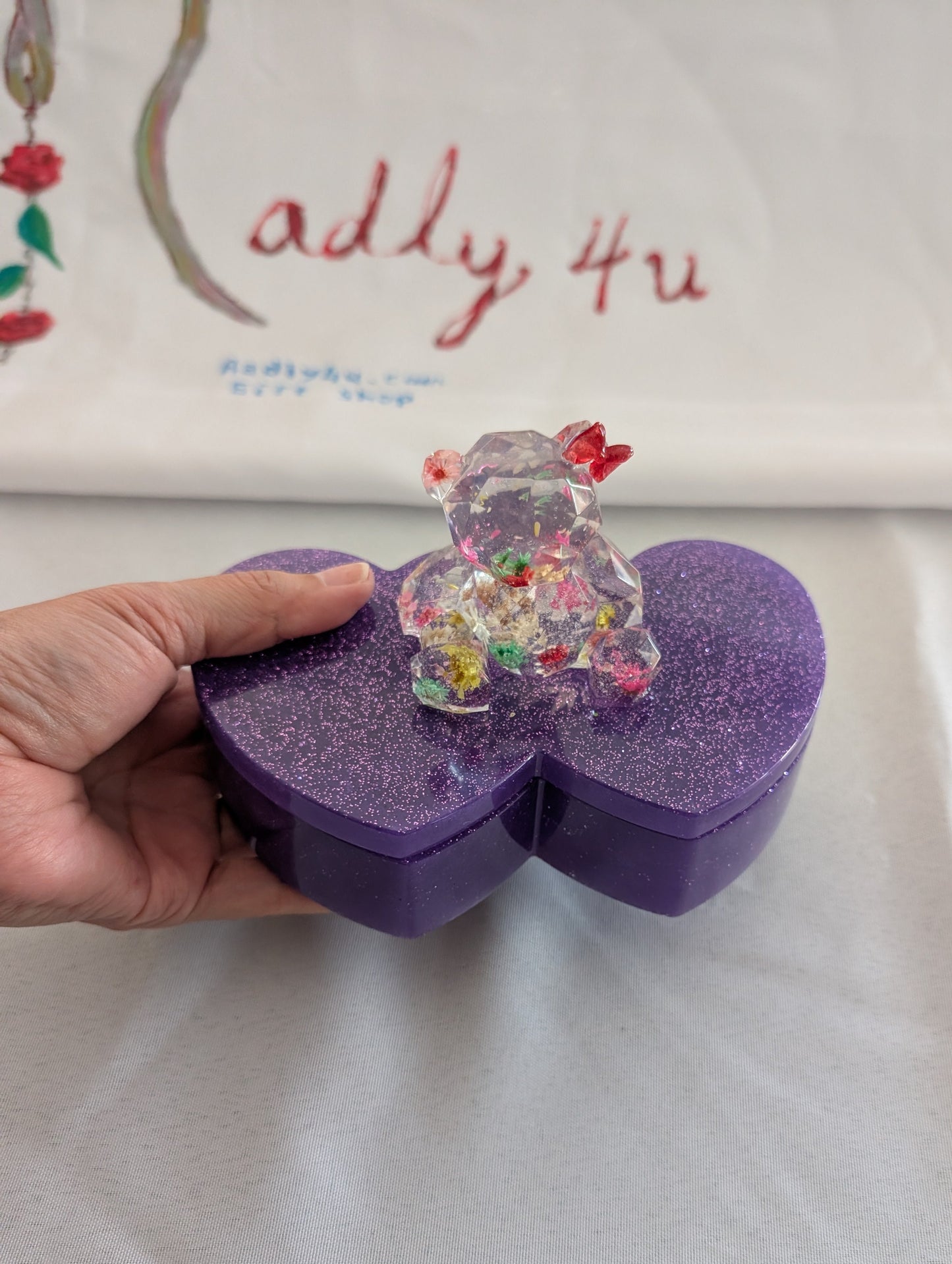 Resin Heart Jewelry Box - Double Heart Dish with Faceted Bear Topper