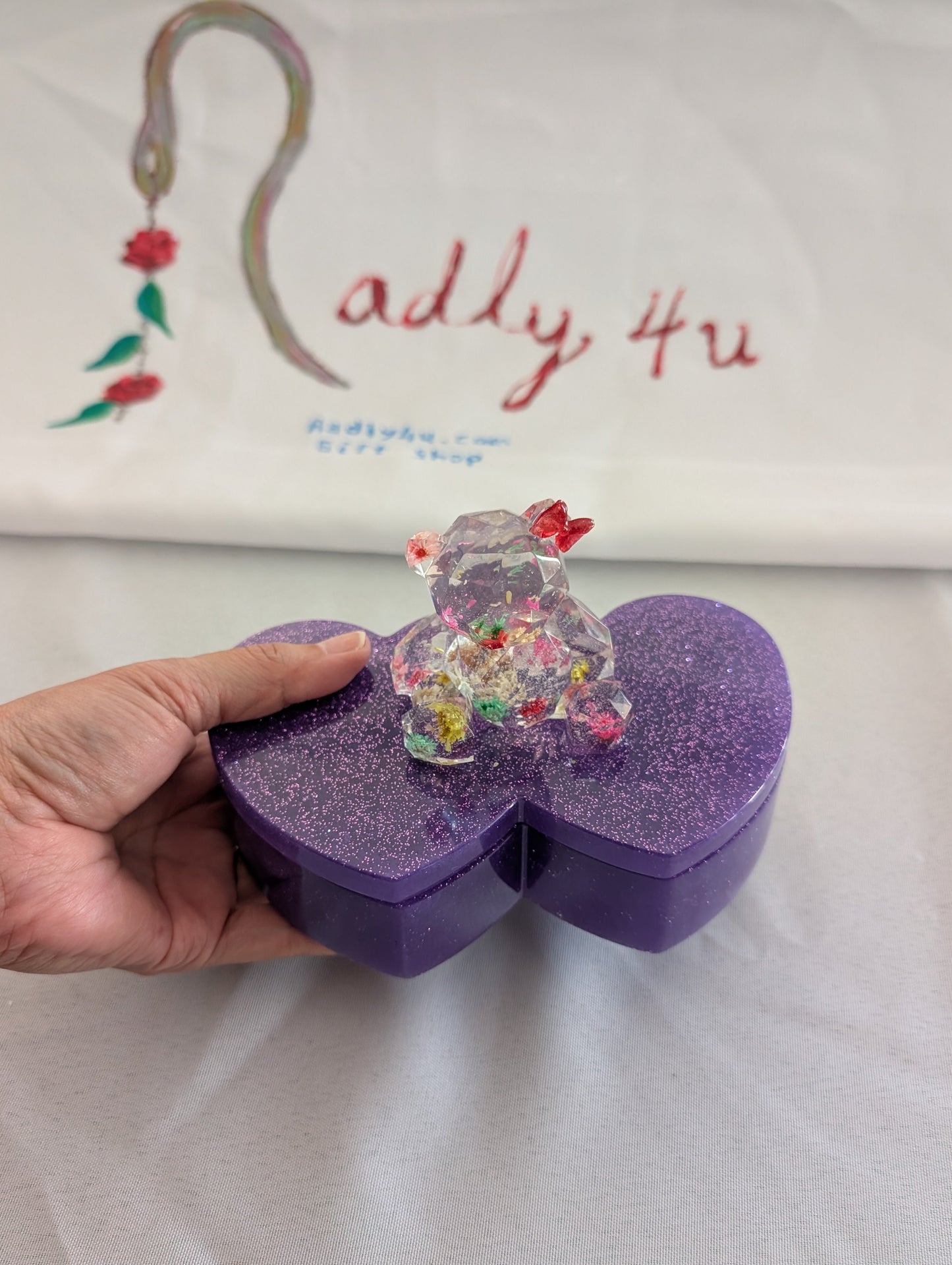 Resin Heart Jewelry Box - Double Heart Dish with Faceted Bear Topper