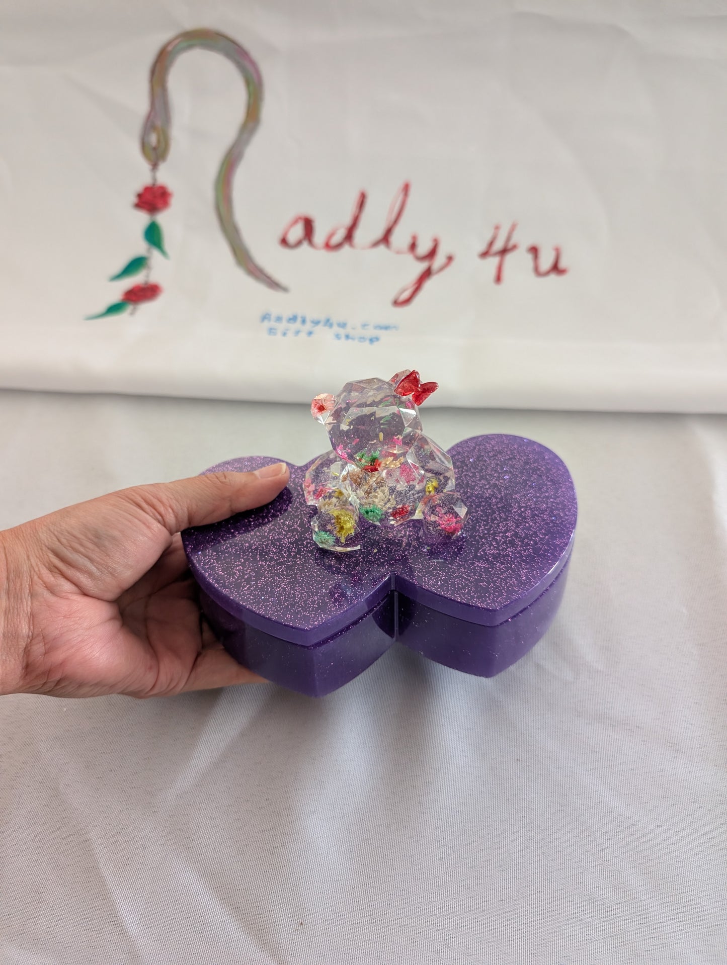 Resin Heart Jewelry Box - Double Heart Dish with Faceted Bear Topper