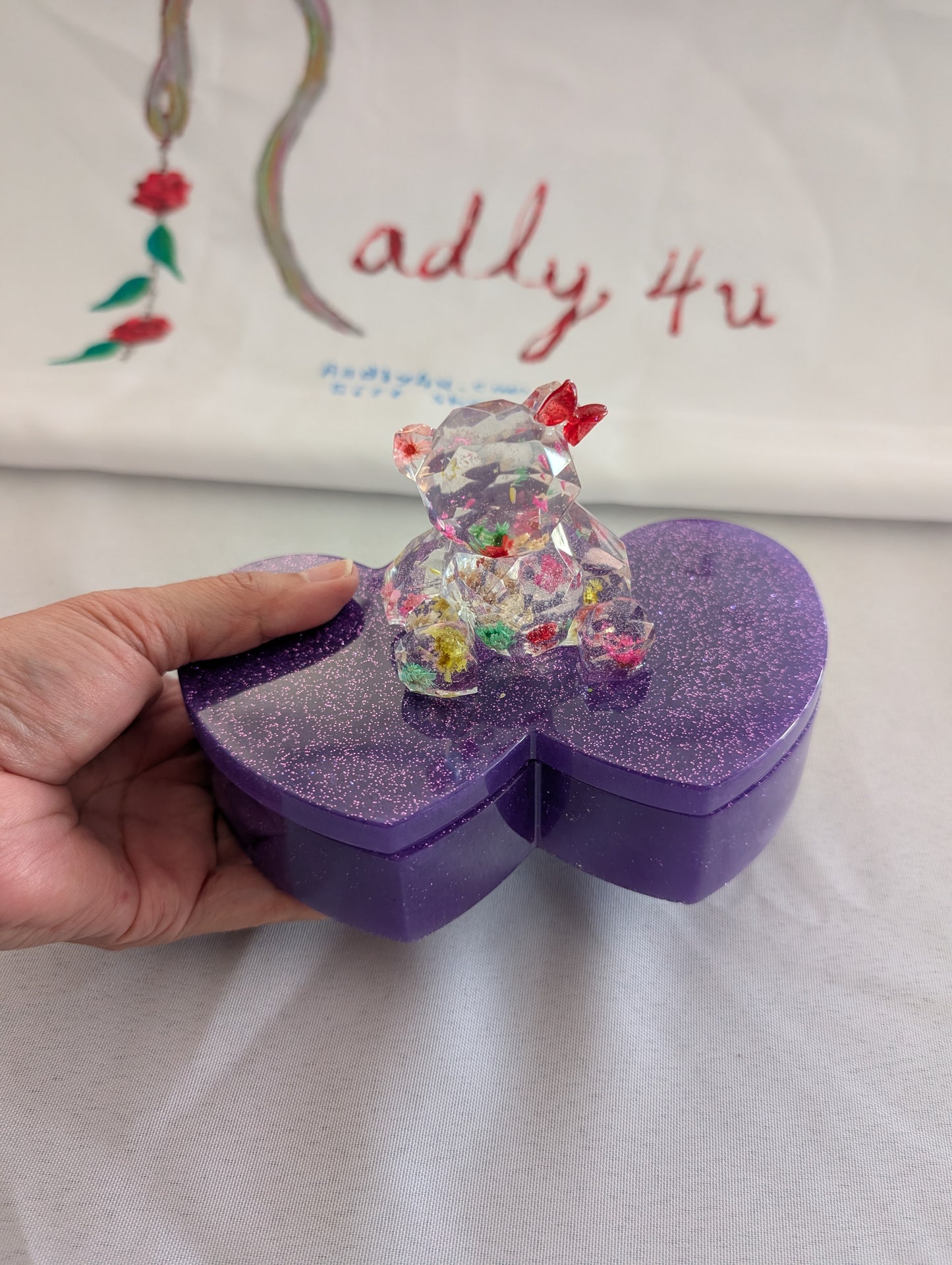 Resin Heart Jewelry Box - Double Heart Dish with Faceted Bear Topper