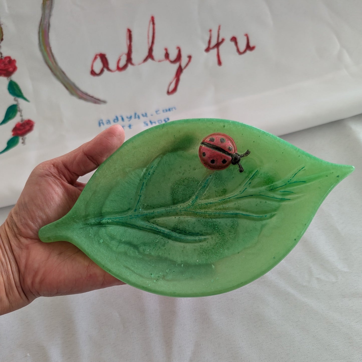 Handmade Resin leaf with ladybug Trinket/Jewelry tray