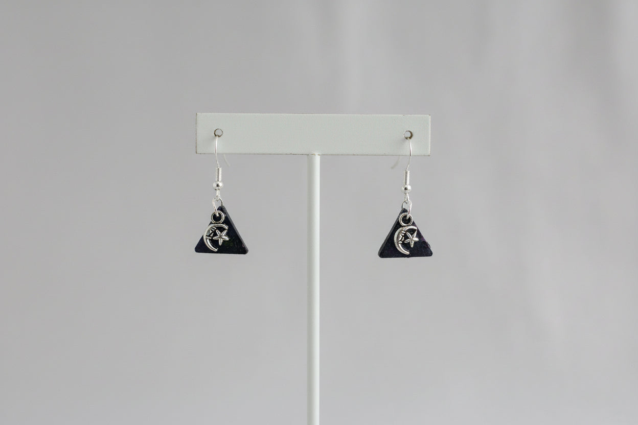 Earrings - Resin small triangle with silver moon star on 925 silver hook