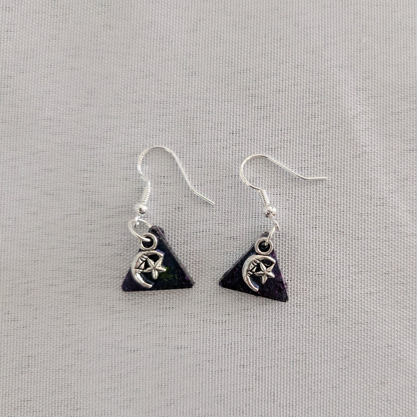 Earrings - Resin small triangle with silver moon star on 925 silver hook