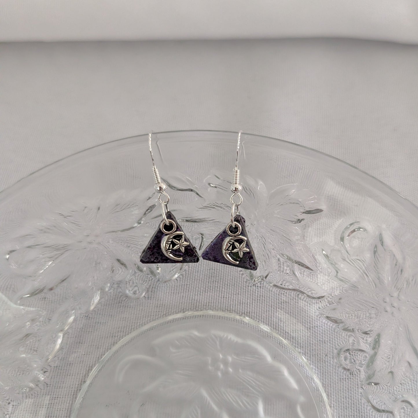 Earrings - Resin small triangle with silver moon star on 925 silver hook