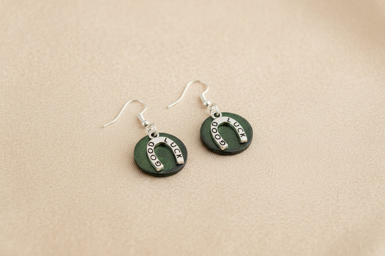 Pair of green earrings with silver horseshoe designs on a beige background
