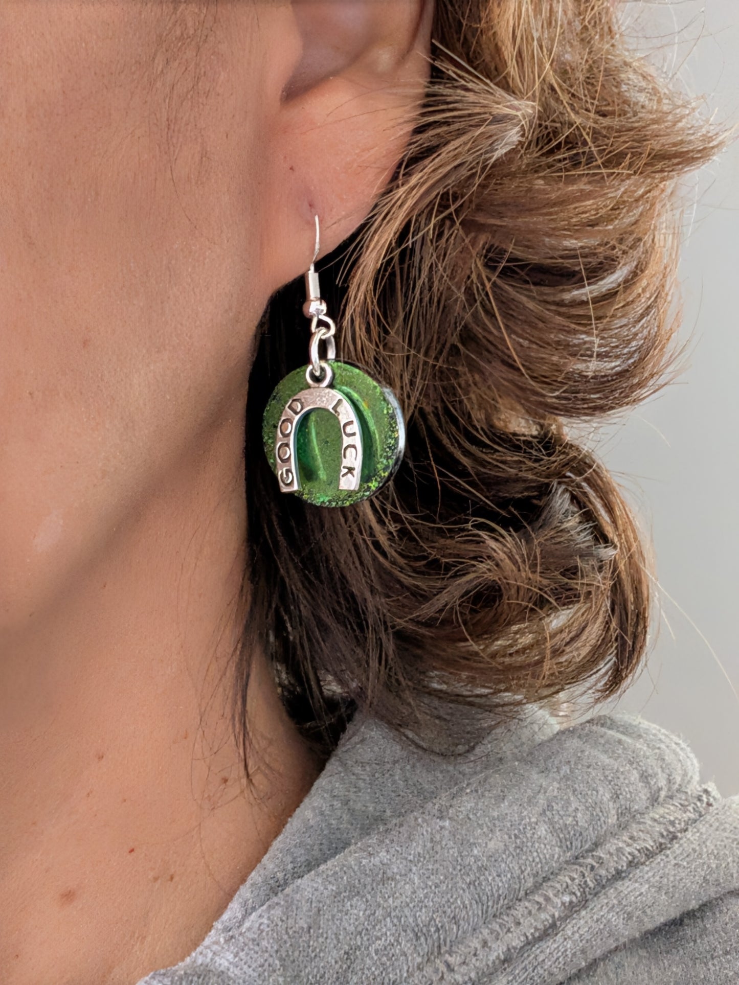 Earrings - Resin circle with silver charm on 925 silver hook