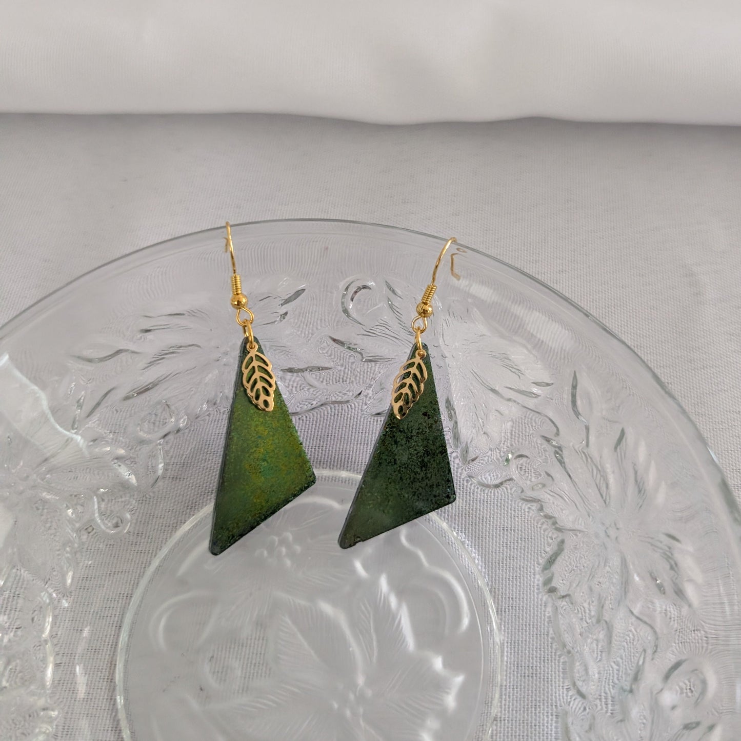 Earrings - Resin obtuse triangle with gold leaf charm on gold hook