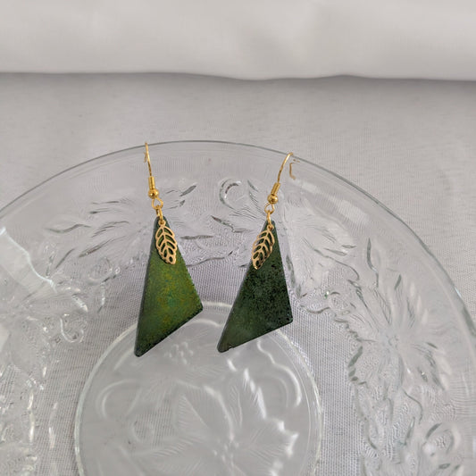 Earrings - Resin obtuse triangle with gold leaf charm on gold hook
