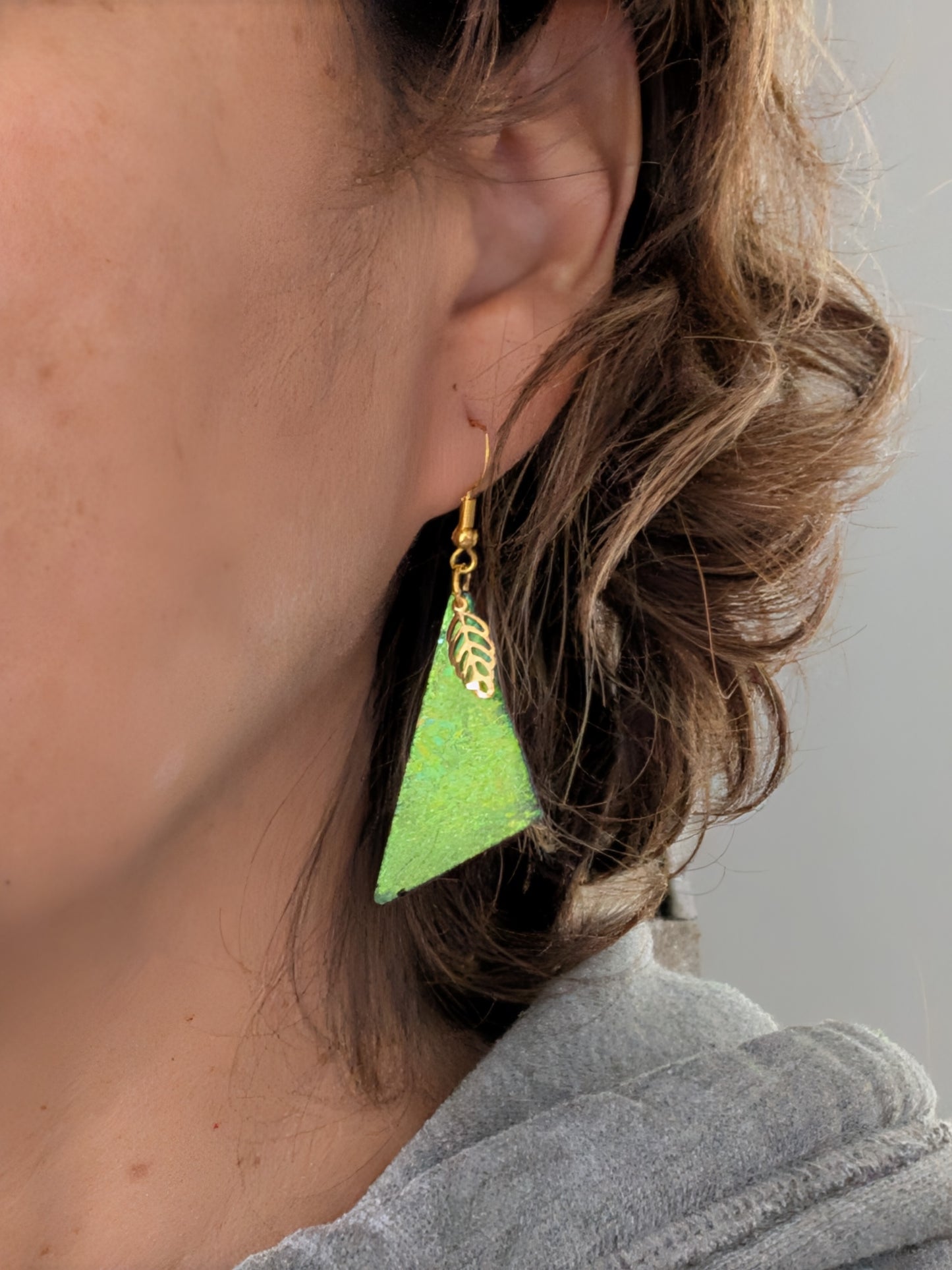 Earrings - Resin obtuse triangle with gold leaf charm on gold hook