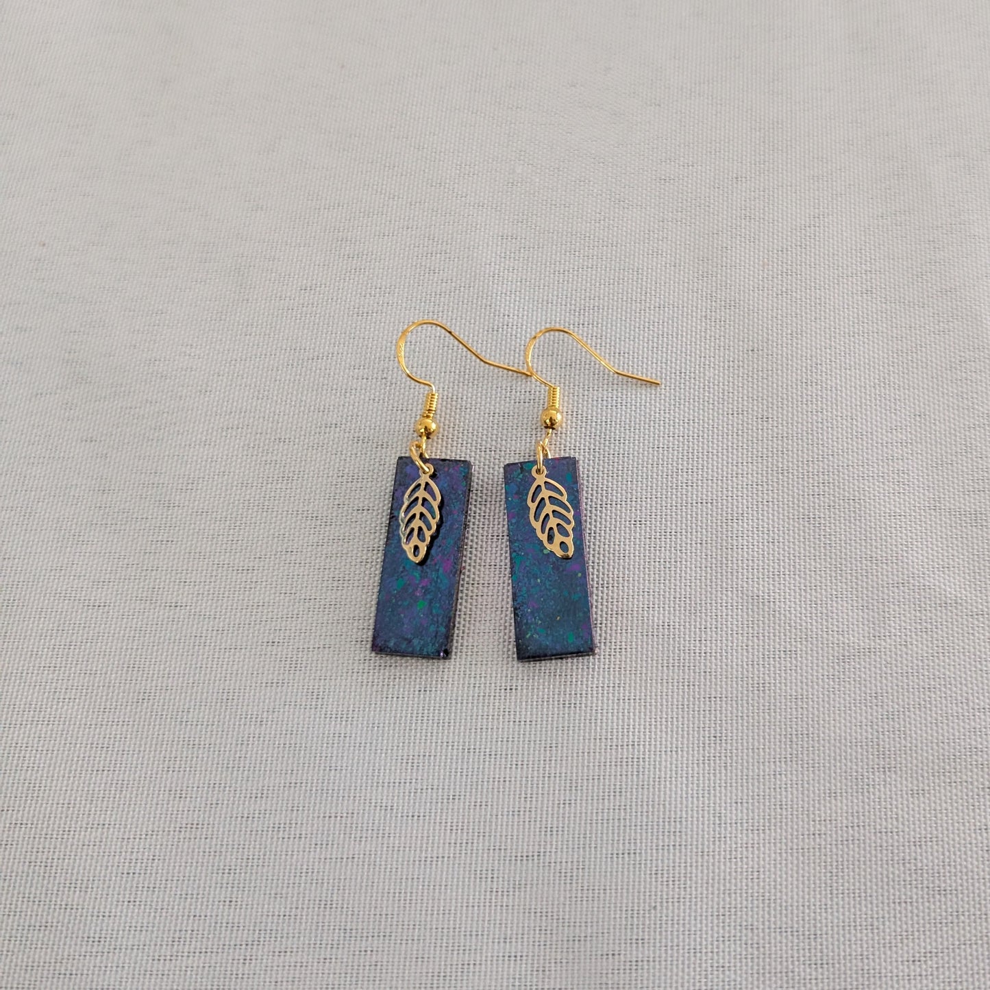 Earrings - Resin medium rectangle with gold leaf charm on hook