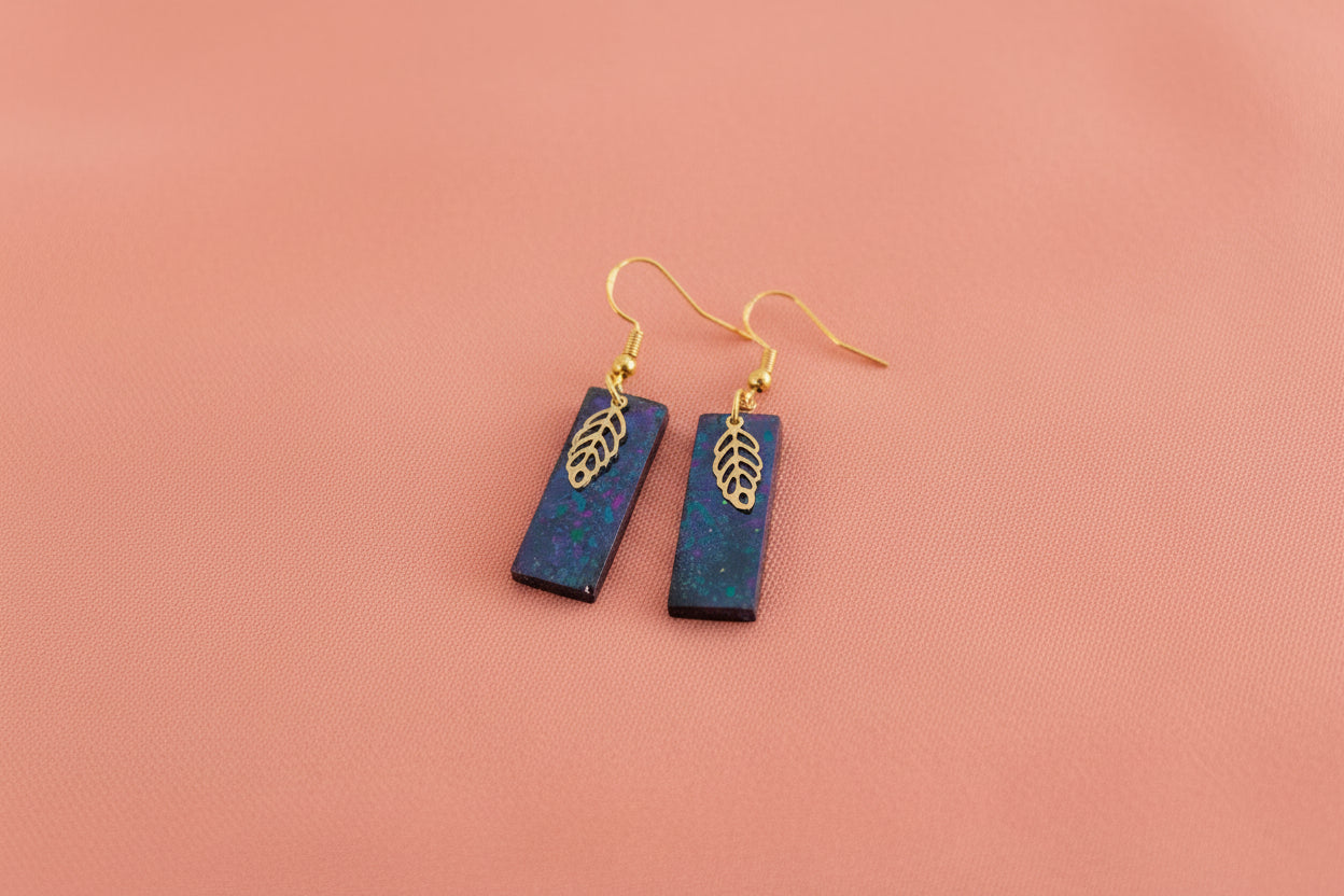Earrings - Resin medium rectangle with gold leaf charm on hook