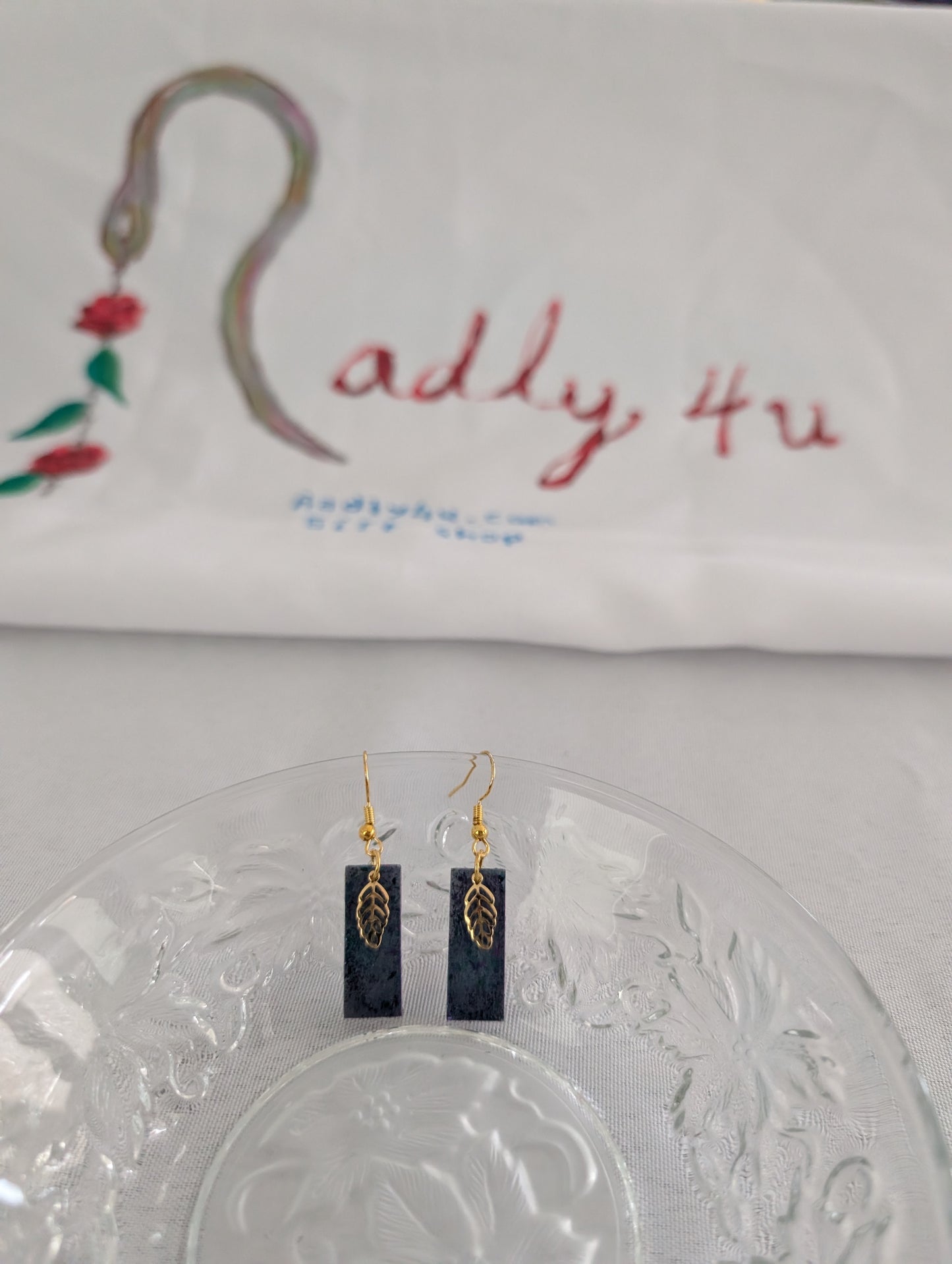 Earrings - Resin medium rectangle with gold leaf charm on hook