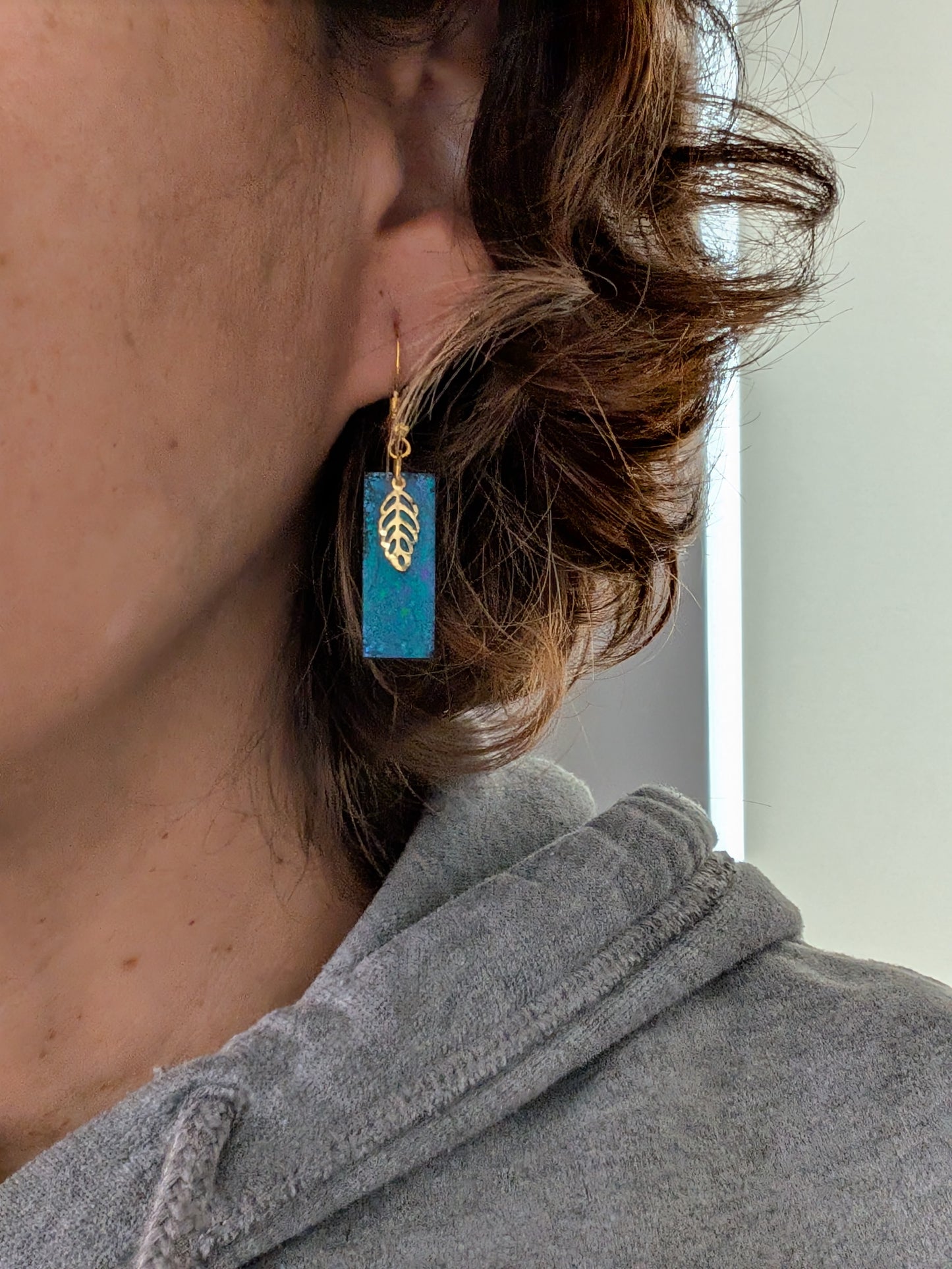 Earrings - Resin medium rectangle with gold leaf charm on hook