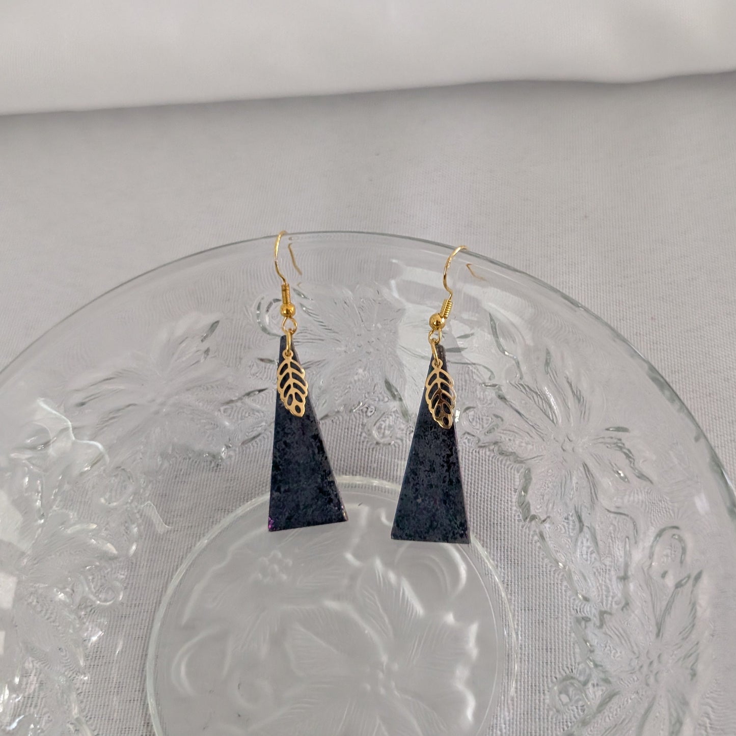 Earrings - Resin isosceles triangle with gold leaf charm on gold hook