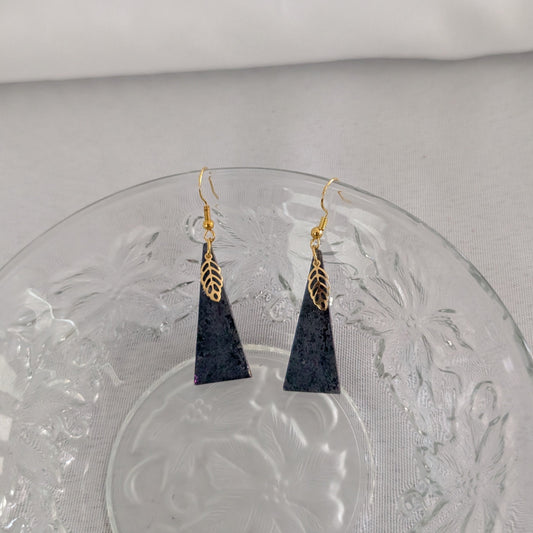 Earrings - Resin isosceles triangle with gold leaf charm on gold hook