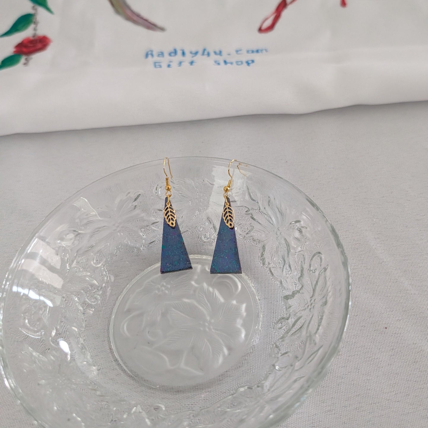 Earrings - Resin isosceles triangle with gold leaf charm on gold hook