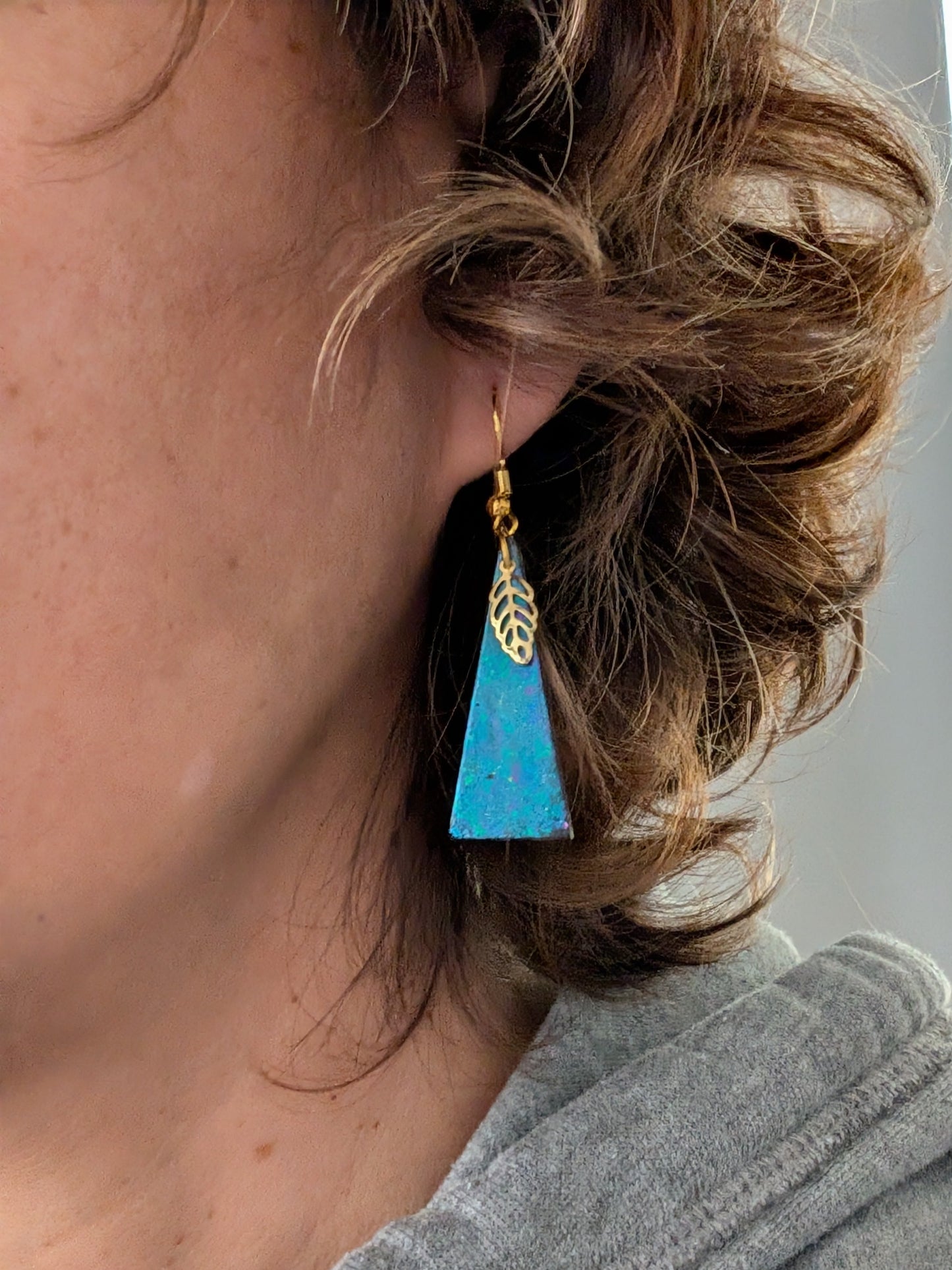 Earrings - Resin isosceles triangle with gold leaf charm on gold hook