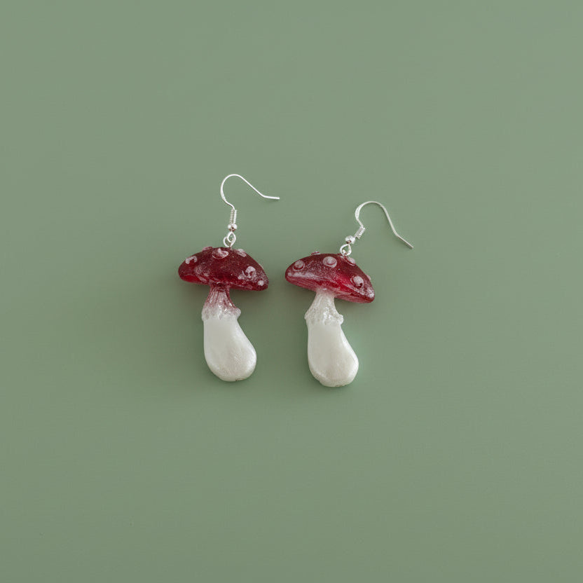 Earrings - Resin Whimsical Mushroom on Sterling Silver 925 hook