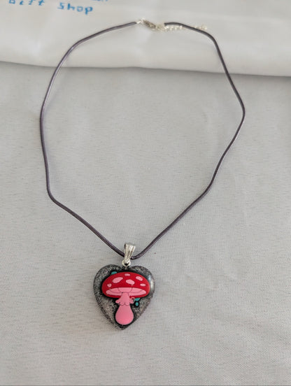 Necklace - 21 inches heart resin mushroom pendant on purple leather cord