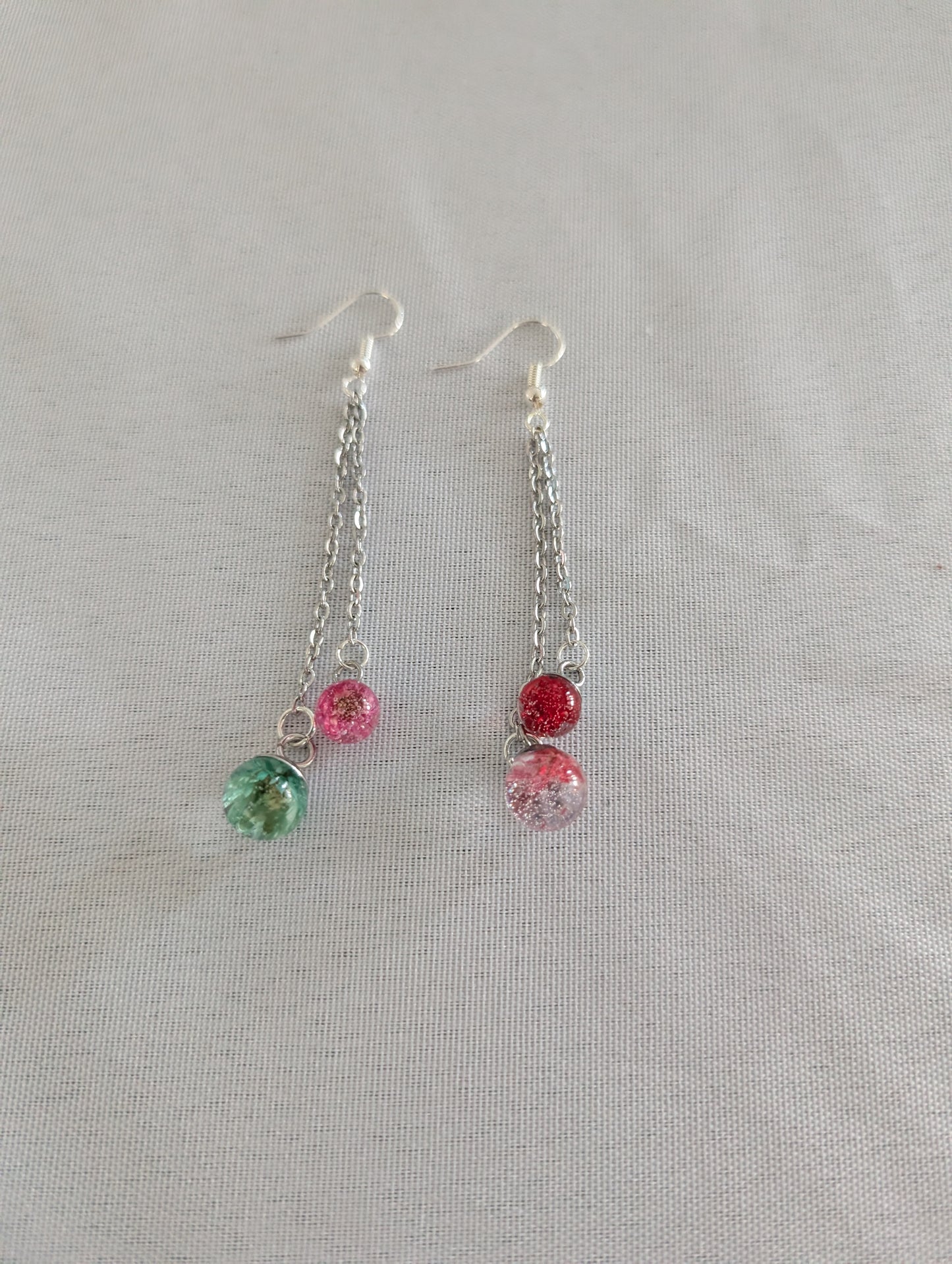 Handmade Resin Flower Globe Drop Earrings – Sterling Silver 925 Hooks – Botanical Dangle Earrings