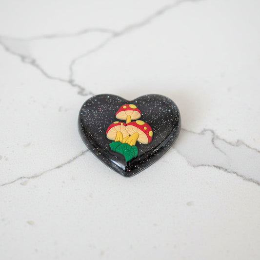 Pin - 3D Mushroom heart resin pin with silver butterfly clutch